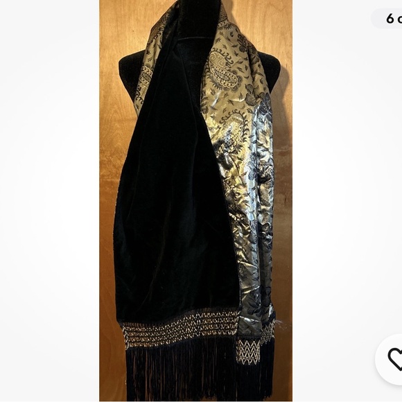 Morgan Taylor Gold And Black Velvet Fringe Scarf Made In Italy - Picture 5 of 8